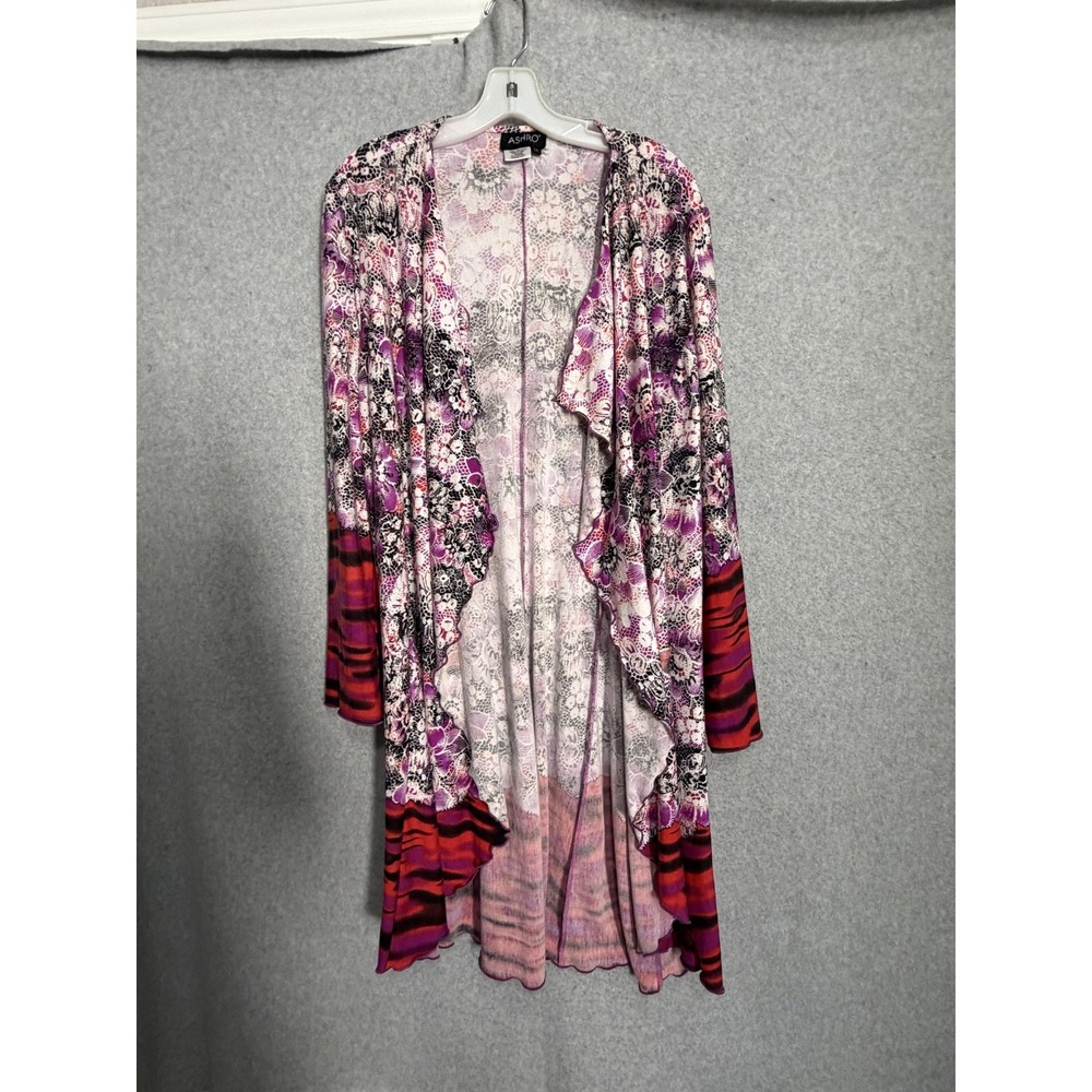 Ashro Coatigan Womens M Multicolor Floral Open Front Ruffle Lightweight Jersey